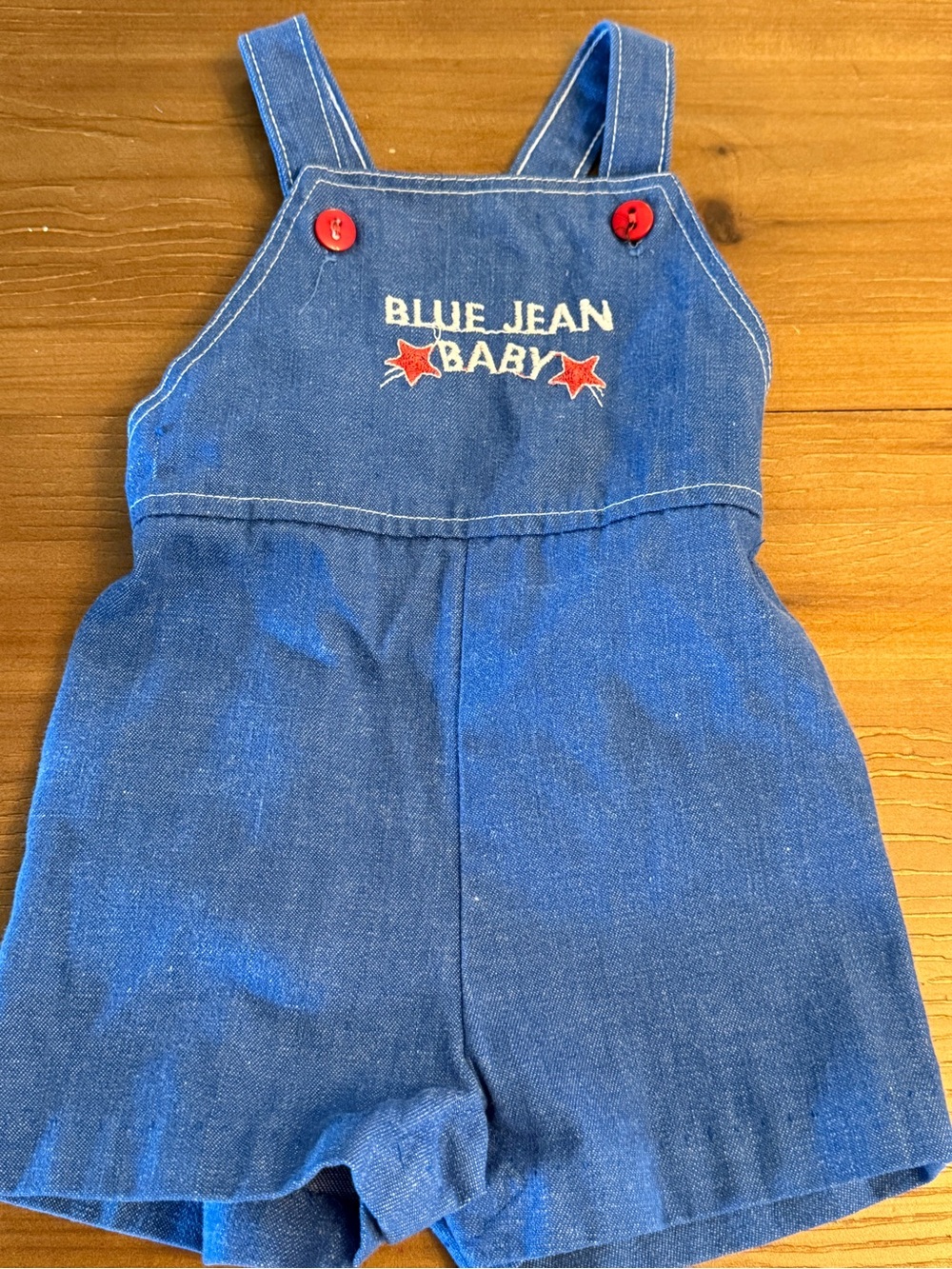 Vintage health Tex Blue Jean Baby Denim Shortalls with Red Button Accents